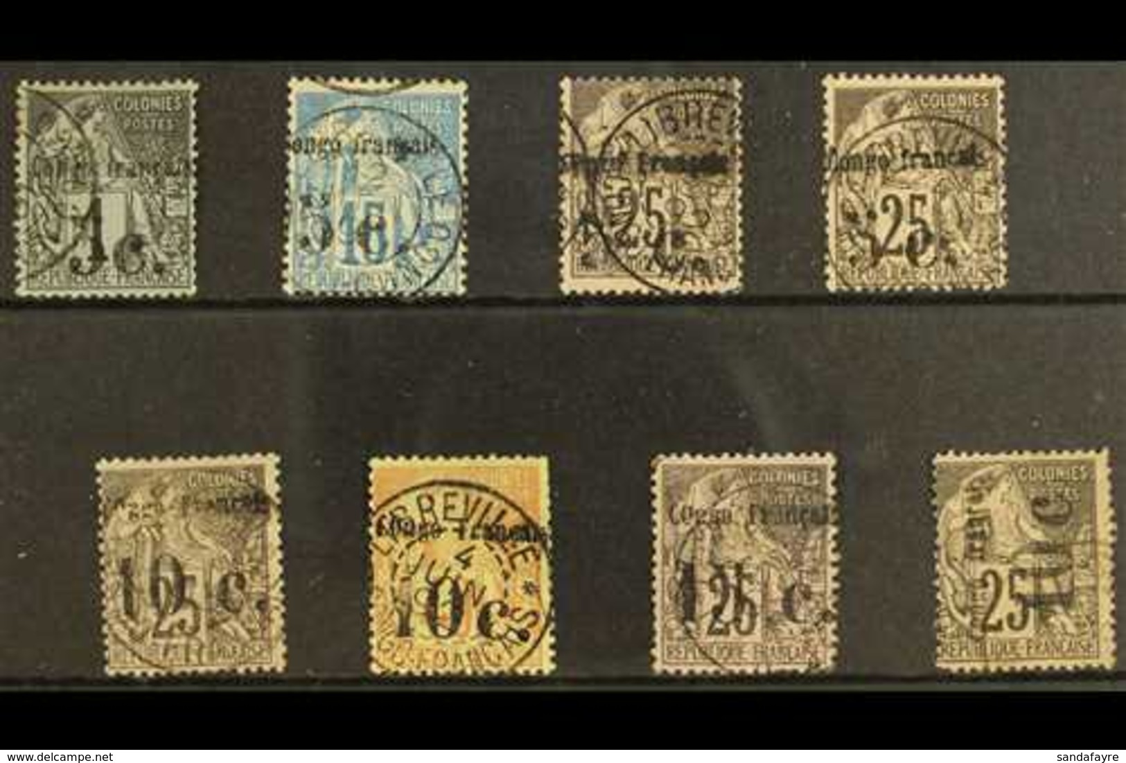 FRENCH CONGO  1891 FINE USED SURCHARGED SELECTION On A Stock Card. Includes 5c On 1c (Yv 1), 5c On 15c (Yv 2) & 5c On 25 - Autres & Non Classés