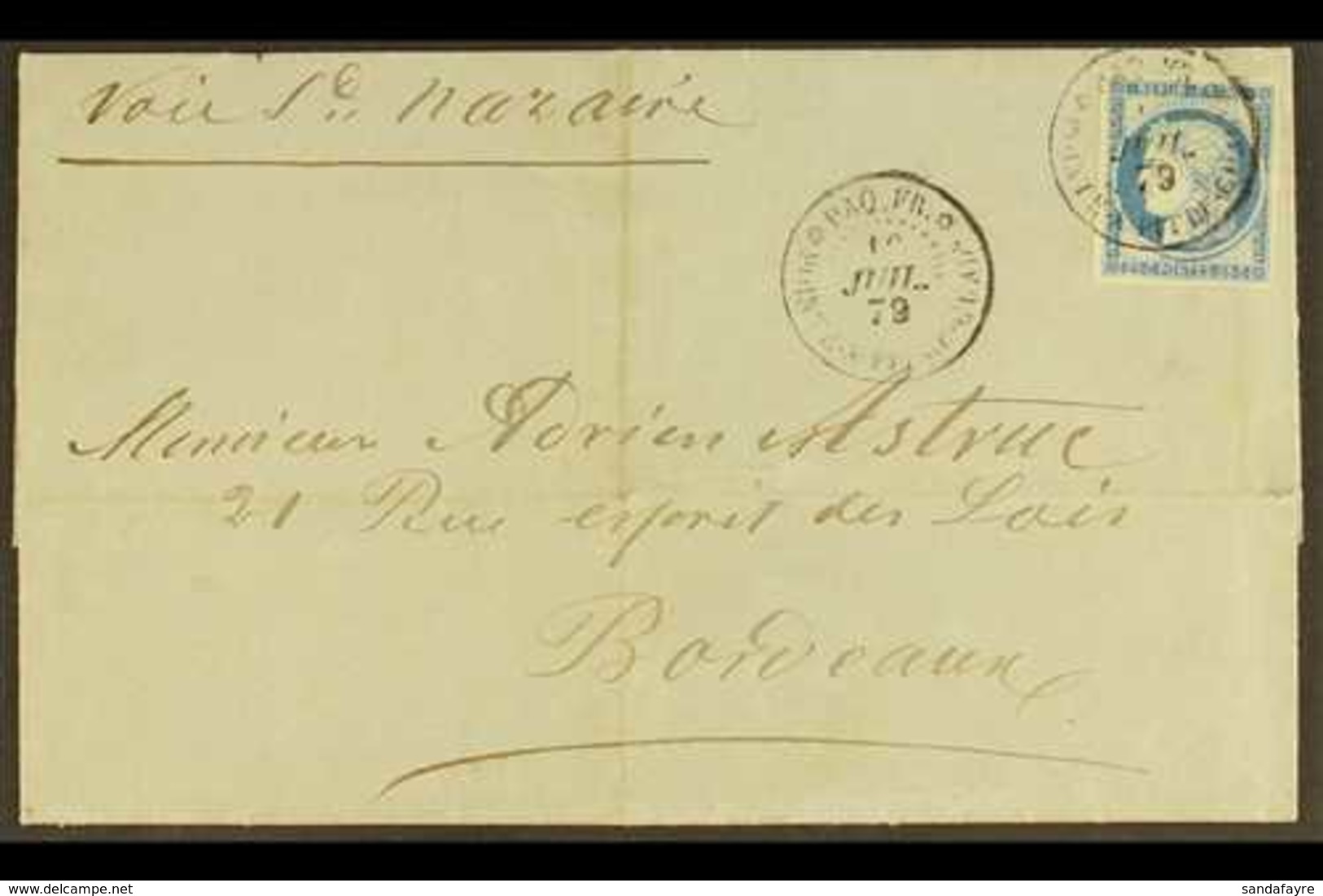 GENERAL ISSUES  USED IN GUADELOUPE 1879 (10 July) Entire Letter To Bordeaux, Bearing 1872-77 25c Blue Ceres (Yvert 23) W - Andere & Zonder Classificatie