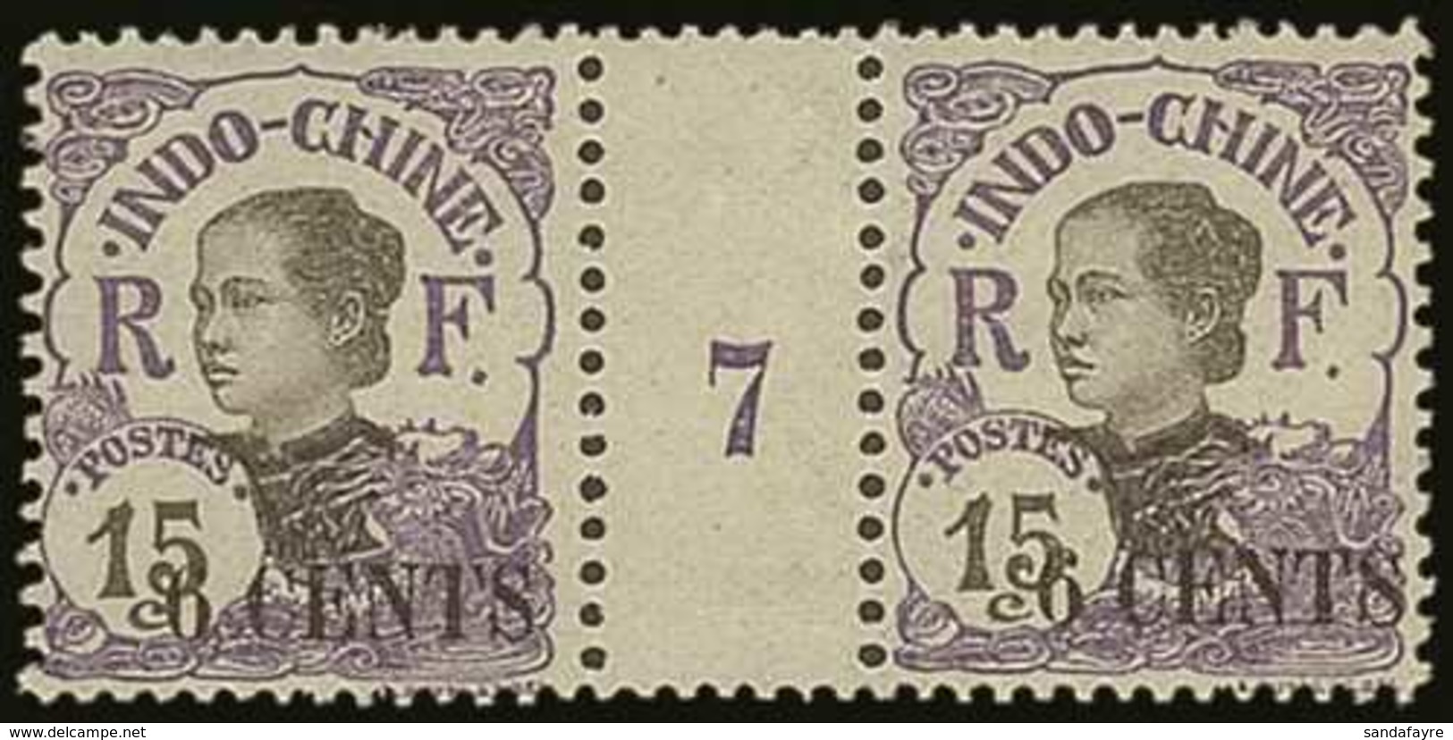 INDO-CHINA  1919 6c On 15c Violet In A "Millesimes" Gutter Pair With Number "7" Yv 77, Never Hinged Mint. For More Image - Autres & Non Classés