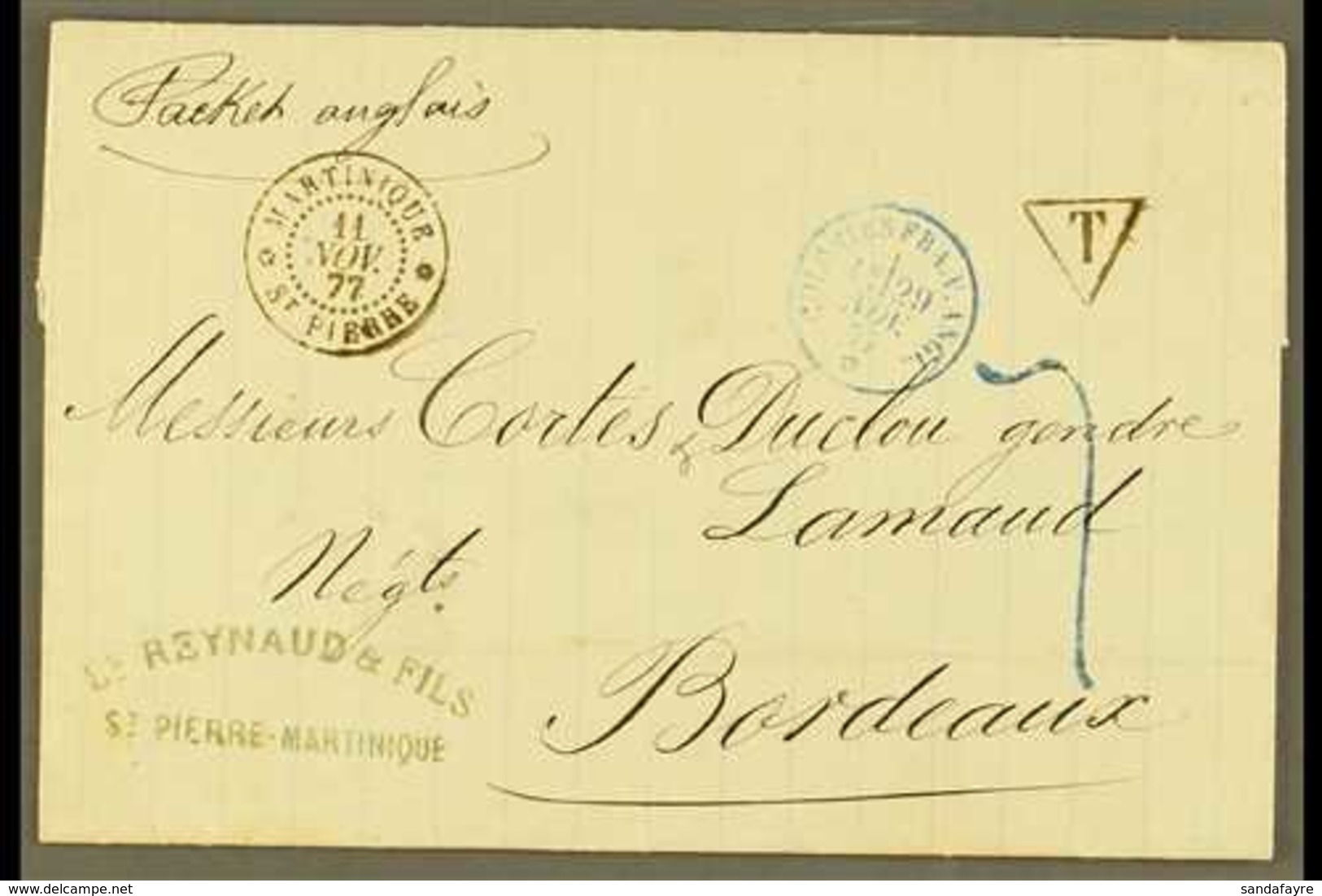 MARTINIQUE  POSTAGE DUE 1877 Unfranked Letter From St Pierre To Bordeaux Via The British Packet With Fine Martinique St  - Autres & Non Classés