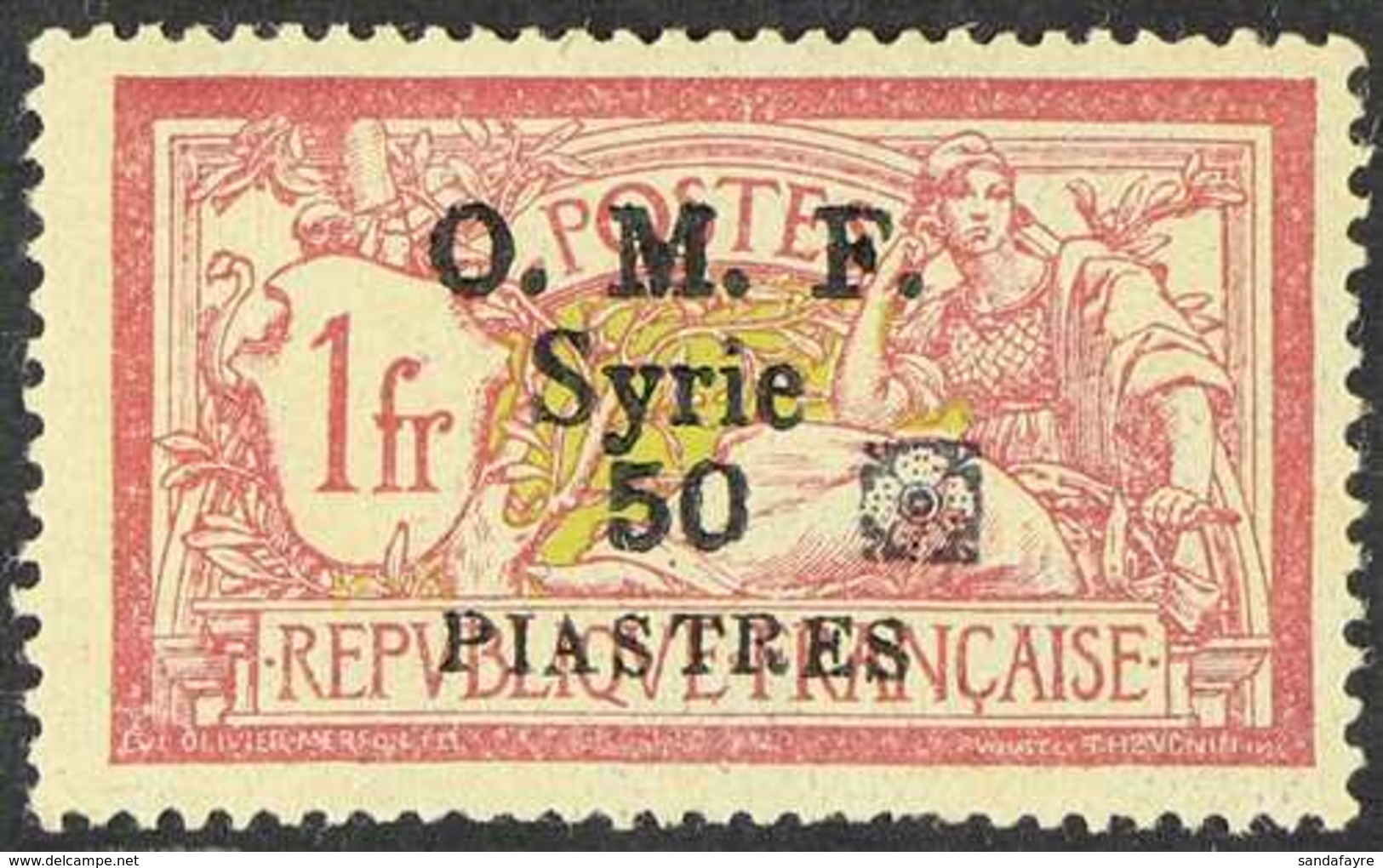 SYRIA  1920 50pi On 1f lake & Yellow With Local ALEPPO VILAYET Rosette Overprint In Black (Yvert 55A, SG 55A), Fine Mint - Andere & Zonder Classificatie