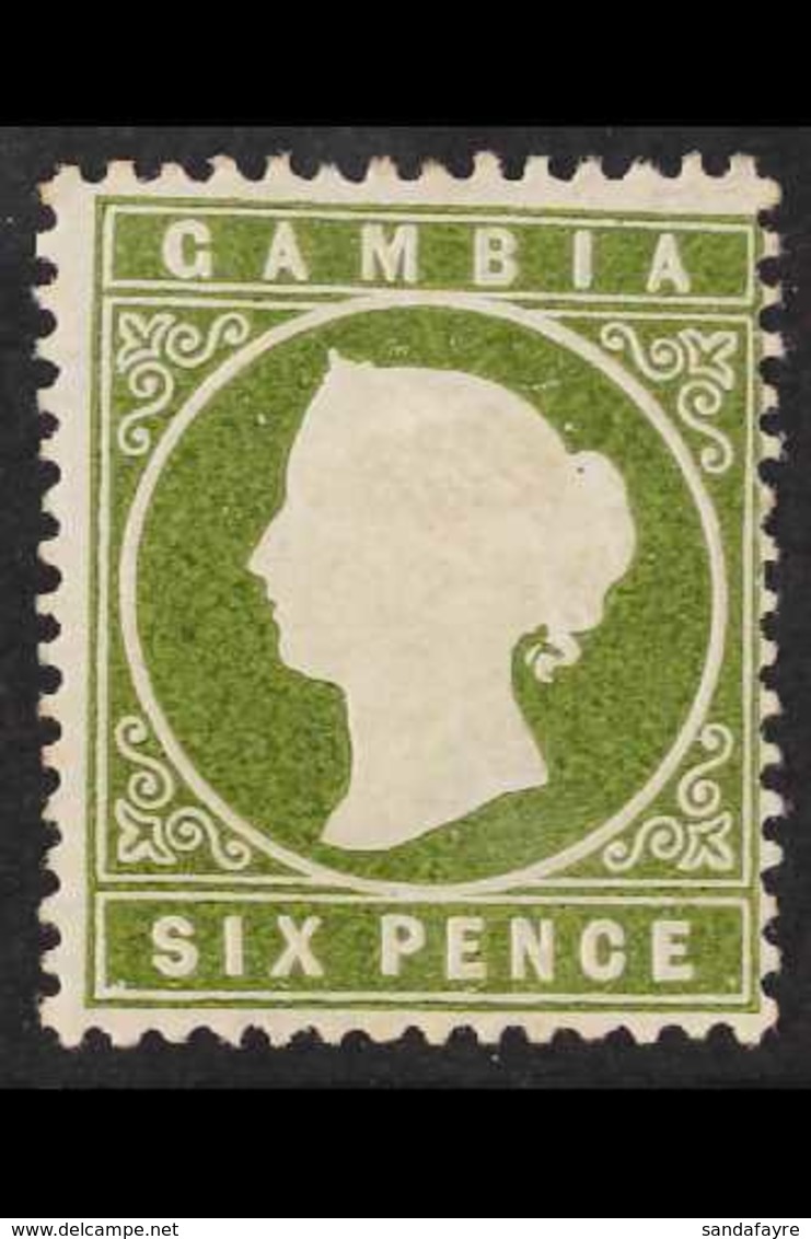 1886-93  6d Olive-green SLOPING LABEL Variety Position R. 1/5, SG 32da, Fine Mint, Fresh. For More Images, Please Visit  - Gambie (...-1964)