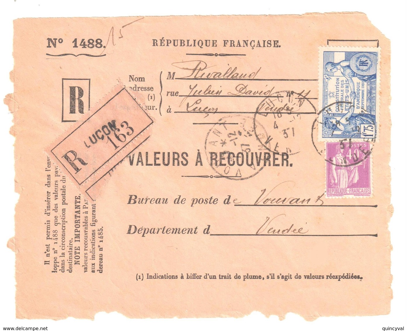 AUXERRE Yonne Valeur Recouvrer Gandon 3F 6F  Yv 715 720 Tf 1/1/46 Egleny Recommandé Formule Privée Ob Meca - Lettres & Documents