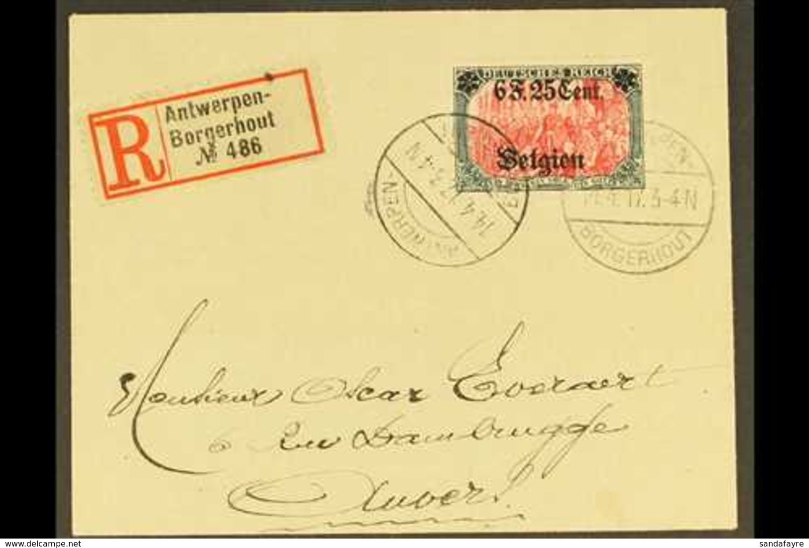 OCCUPATION OF BELGIUM  1917 (14 April) Registered Cover To Antwerp Bearing 6f25 On 5m (Mi 25, SG 25, COB OC25) Tied By B - Autres & Non Classés