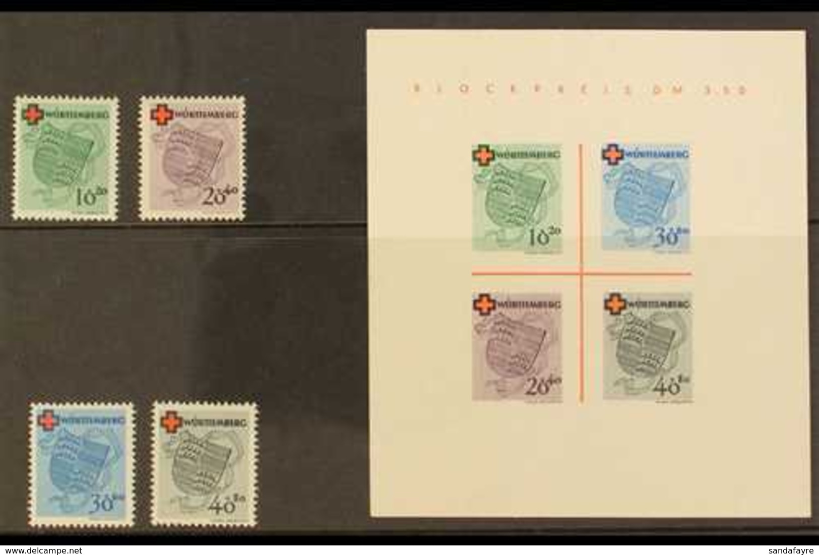 FRENCH ZONE  WURTTEMBERG 1949 Red Cross Complete Set & Mini-sheet (Michel 40/43 & Block 11, SG FW40/43 & MSFW43a), Never - Autres & Non Classés