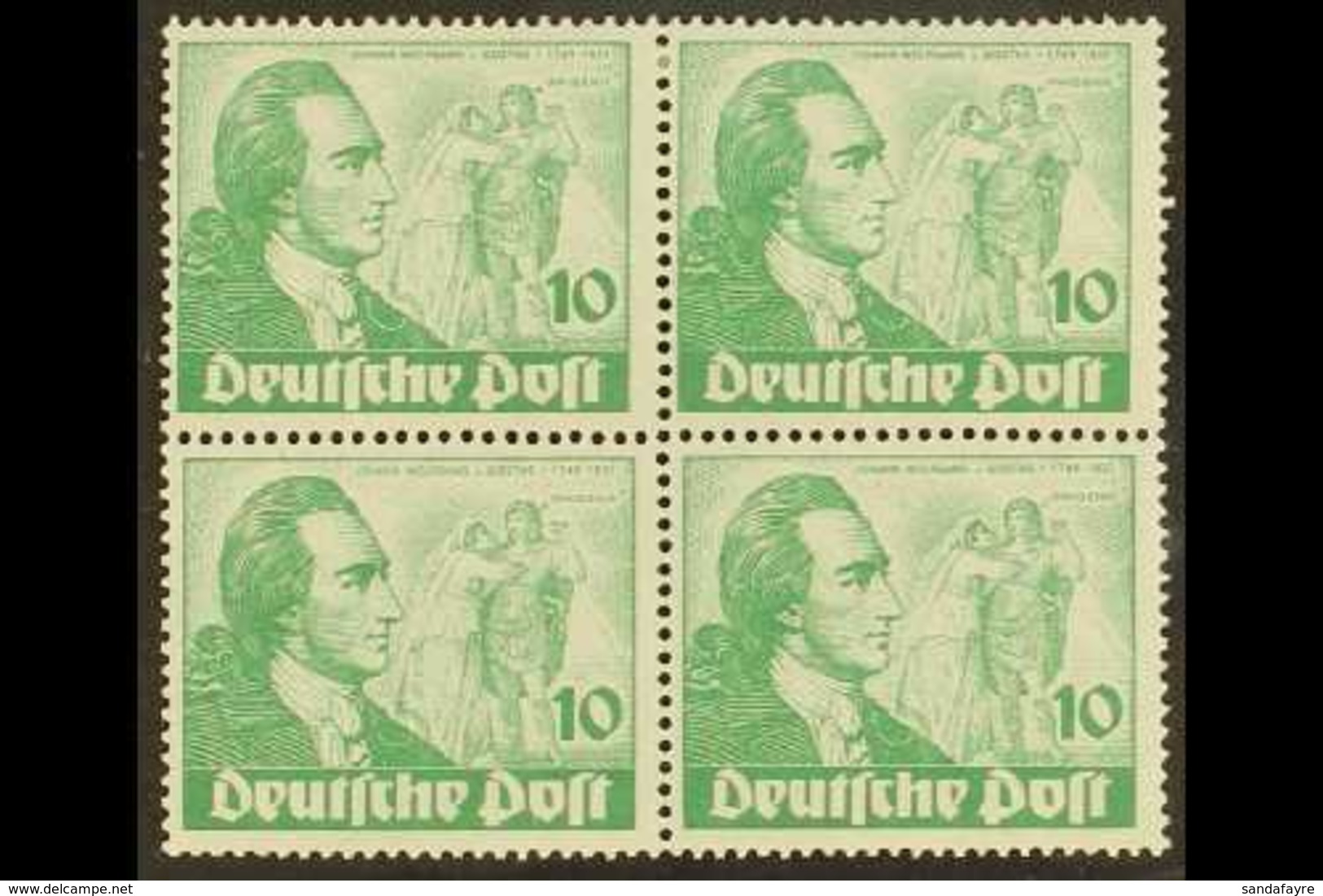 1949  10pf Green Goethe (Michel 61, SG B61), Mint (two Stamps Are Never Hinged) BLOCK Of 4 With One Stamp Showing Michel - Autres & Non Classés