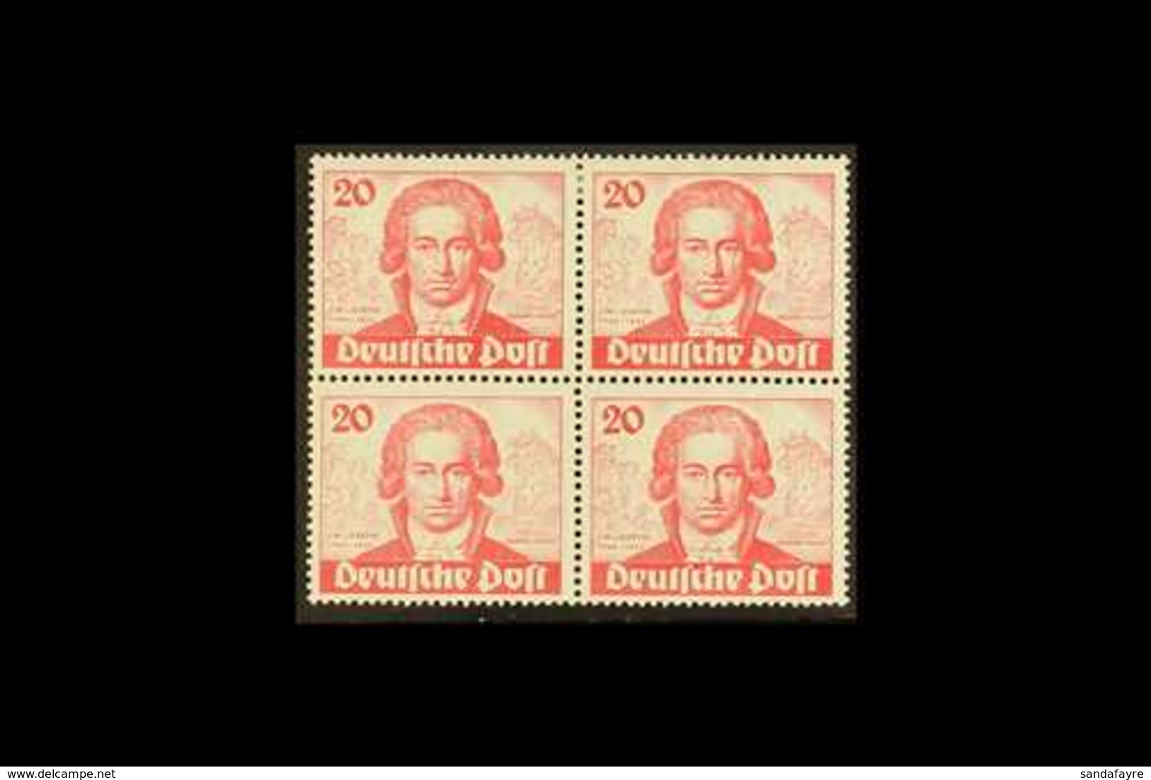 1949  20pf Carmine Goethe (Michel 62, SG B62), Superb Mint (two Stamps Are Never Hinged) BLOCK Of 4, Very Fresh & Scarce - Autres & Non Classés