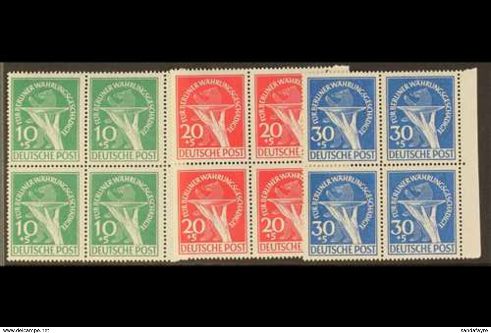 1949  Berlin Relief Fund Complete Set (Michel 68/70, SG B68/70), Never Hinged Mint Matching Marginal BLOCKS Of 4, Very F - Autres & Non Classés
