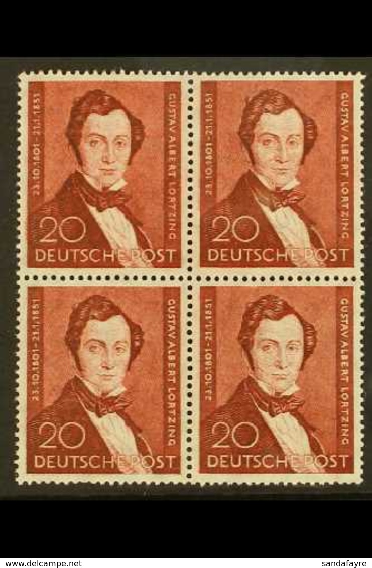 1951  20pf Brown-lake Lortzing (Michel 74, SG B74), Superb Never Hinged Mint BLOCK Of 4, Very Fresh. (4 Stamps) For More - Autres & Non Classés