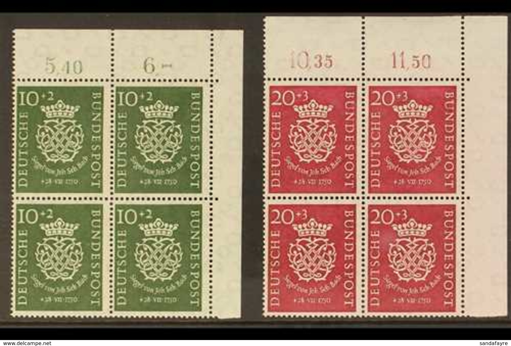 1950  Bach Bicentenary Complete Set, Michel 121/122 Or SG 1043/1044, As Superb Never Hinged Mint Top Right Corner BLOCKS - Andere & Zonder Classificatie