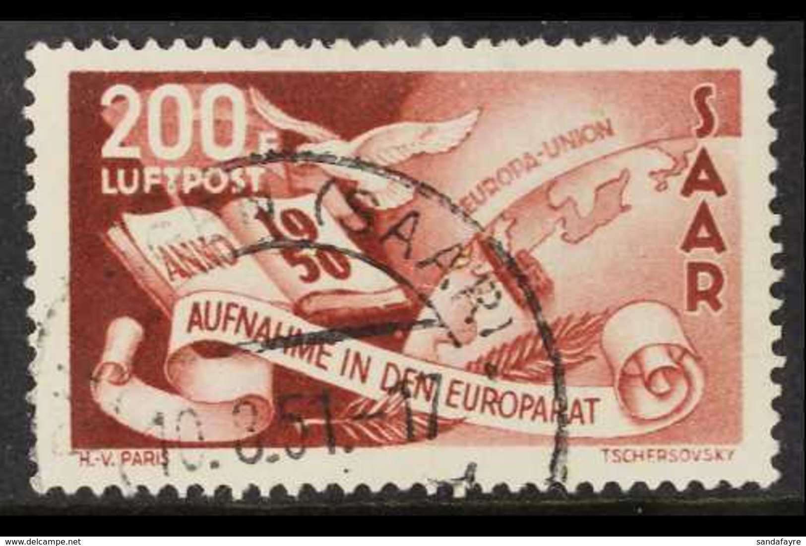 1950  200f Air Brown-lake Council Of Europe (Michel 298, SG 295), Superb Used With Fully Dated "Dillingen 10.8.51" Cds C - Andere & Zonder Classificatie