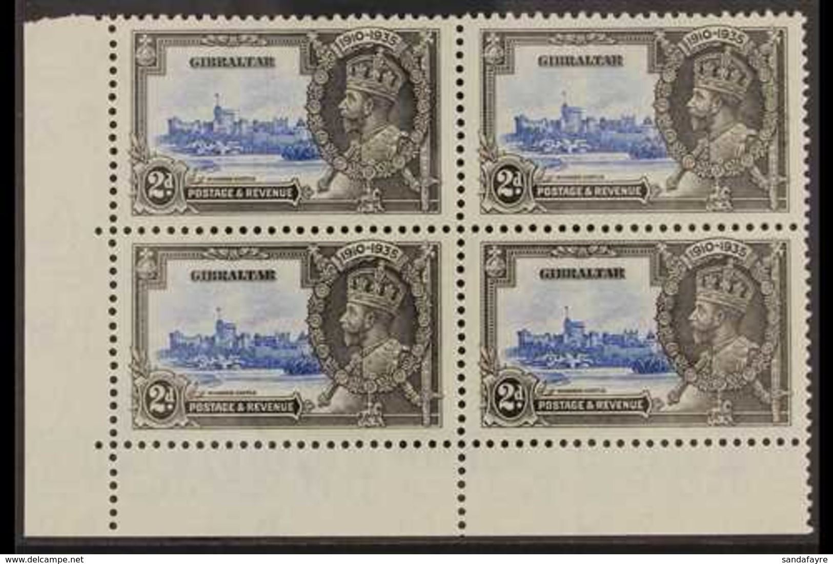 1935 SILVER JUBILEE VARIETY  2d Ultramarine & Grey Black Lower Left Corner Block Of 4 Bearing The "EXTRA FLAGSTAFF" Vari - Gibraltar