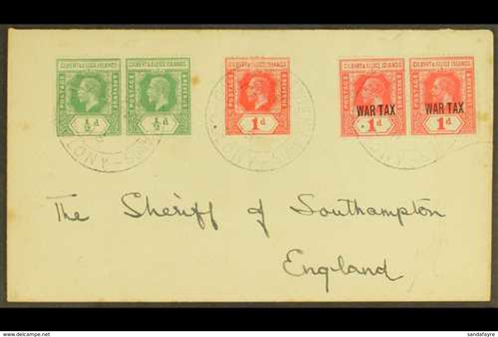 1918  (Sept) A Neat Envelope To The Sheriff Of Southampton, Bearing KGV ½d Pair And 1d, War Tax 1d Pair, Tied GPO Cds's. - Gilbert- En Ellice-eilanden (...-1979)