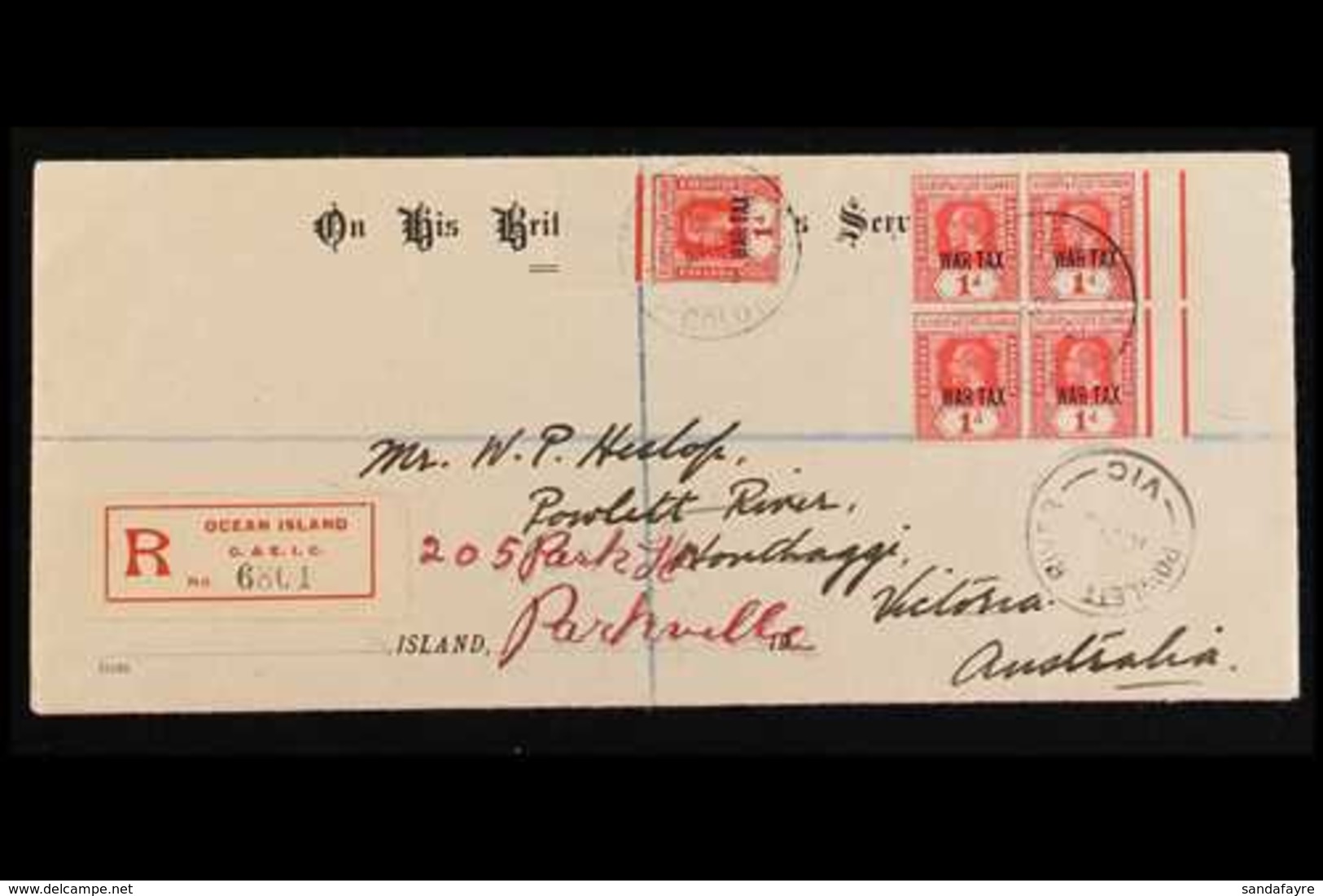 1920  (April) An Attractive OHMS Legal Size Envelope Registered Ocean Island To Australia, Bearing War Tax 1d Single And - Gilbert- En Ellice-eilanden (...-1979)