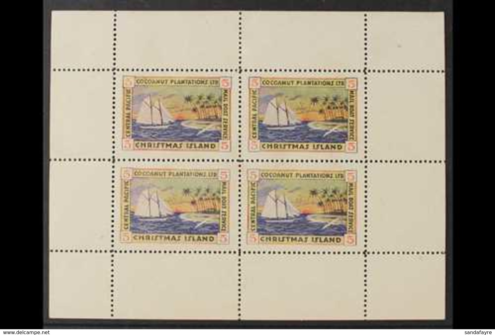 CHRISTMAS ISLAND LOCAL STAMP  1920-1924 5c 'Cocoanut Plantations' Second Issue Complete SHEET Of 4, Fine Mint With Usual - Gilbert- En Ellice-eilanden (...-1979)
