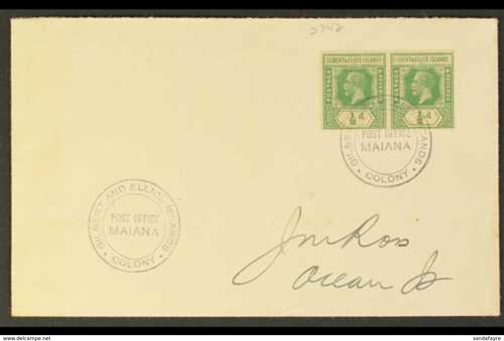 MAIANA  1938 (Dec) Envelope To Ocean Is Bearing KGV ½d Pair Tied By Fine Post Office Maiana Double Ring Undated Cds, Arr - Îles Gilbert Et Ellice (...-1979)