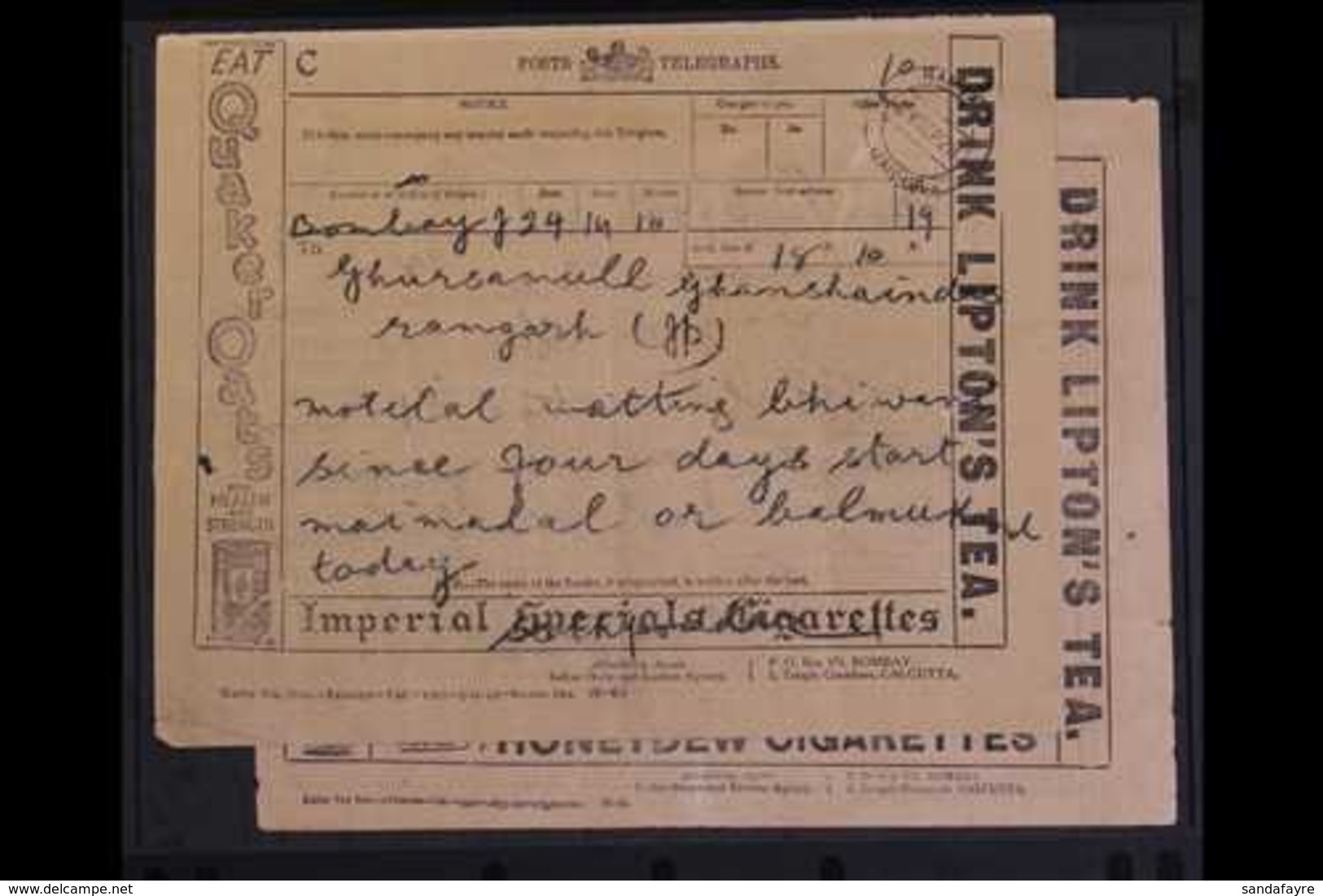 TELEGRAM FORMS  Two Different Forms, One With 1928, RAMGARH, JAIPUR C.d.s., Forms With Adverts Filling Reverse And Three - Andere & Zonder Classificatie