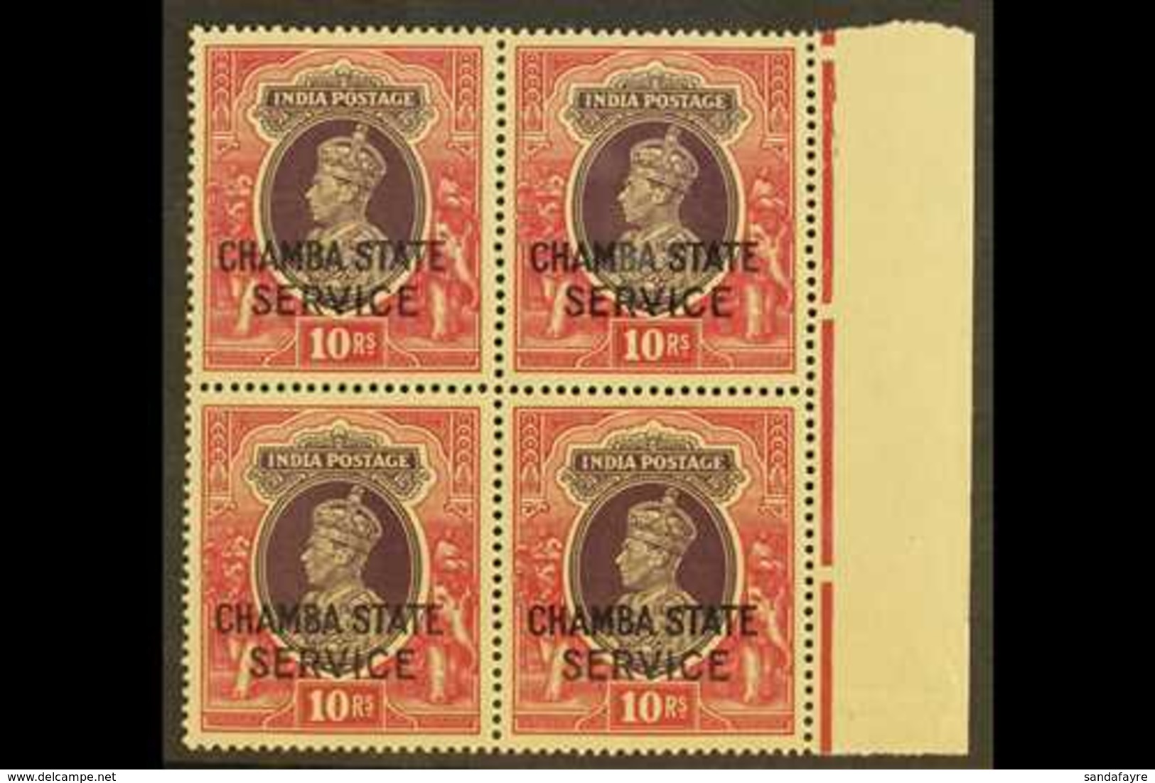 CHAMBA  OFFICIALS. 1938-40 10r Purple & Claret, SG O71, Never Hinged Mint Marginal Block Of 4, Very Lightly Toned Appear - Andere & Zonder Classificatie