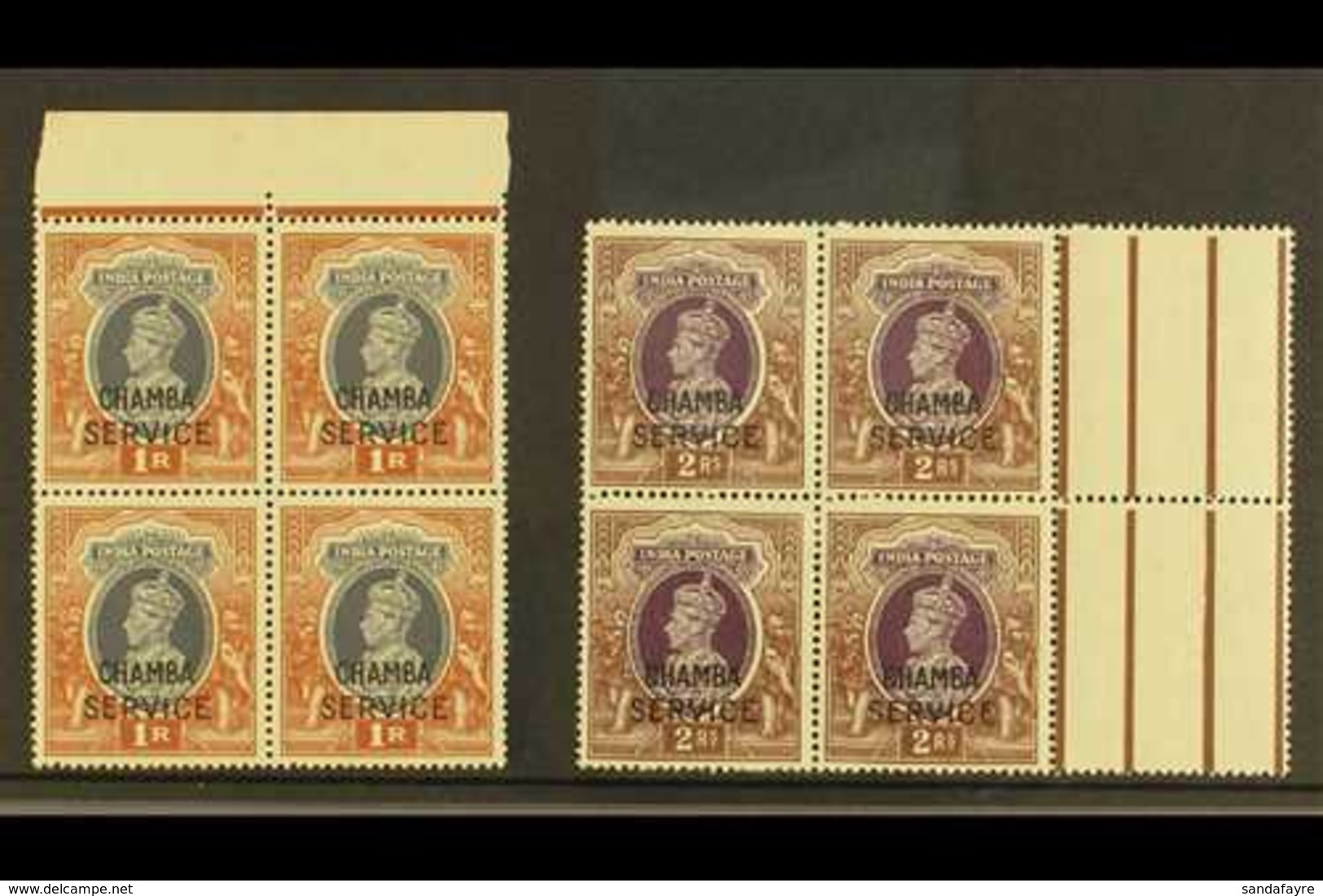 CHAMBA  OFFICIALS. 1940-43 1r & 2r Marginal Blocks Of 4, SG O83/84, Never Hinged Mint (2 Blocks Of 4) For More Images, P - Autres & Non Classés