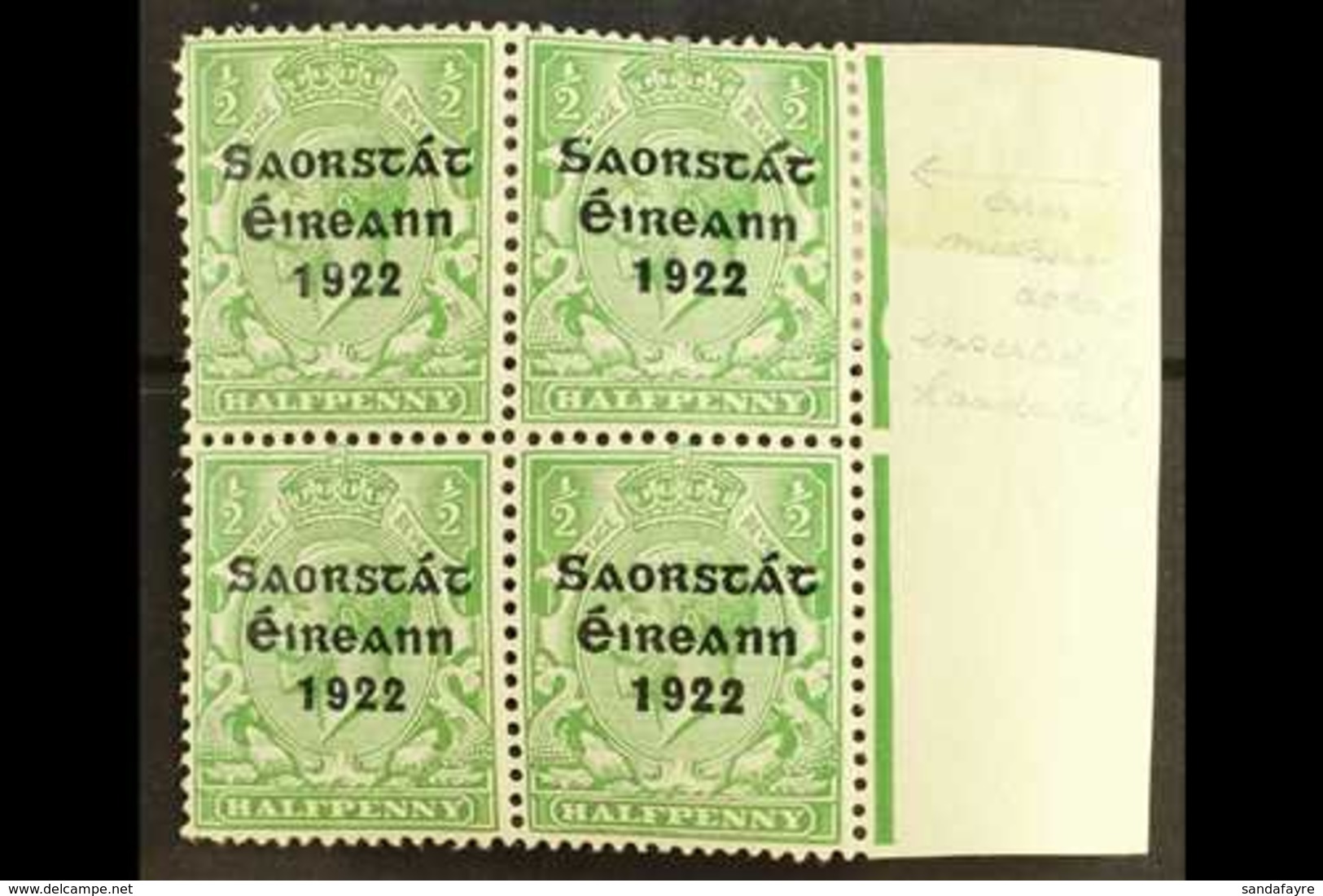 1922-23 SAORSTAT  ½d Green, Right Marginal Block Of Four, One Showing Accent Inserted By Hand, SG 52b, Fresh Mint. For M - Autres & Non Classés