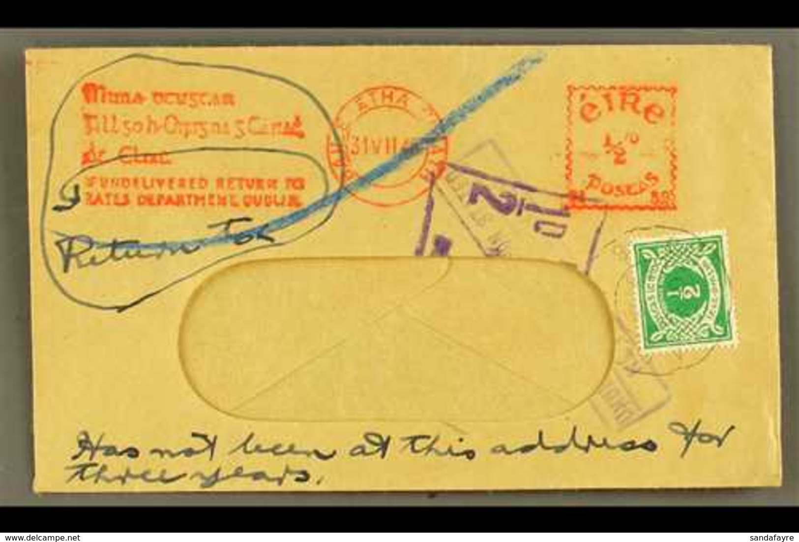 1945 POSTAGE DUE  (July) Window Envelope With Rates Dept. Dublin Meter Mark Of ½d,  Bearing ½d SG D5 Tied By Cds's, Plus - Altri & Non Classificati
