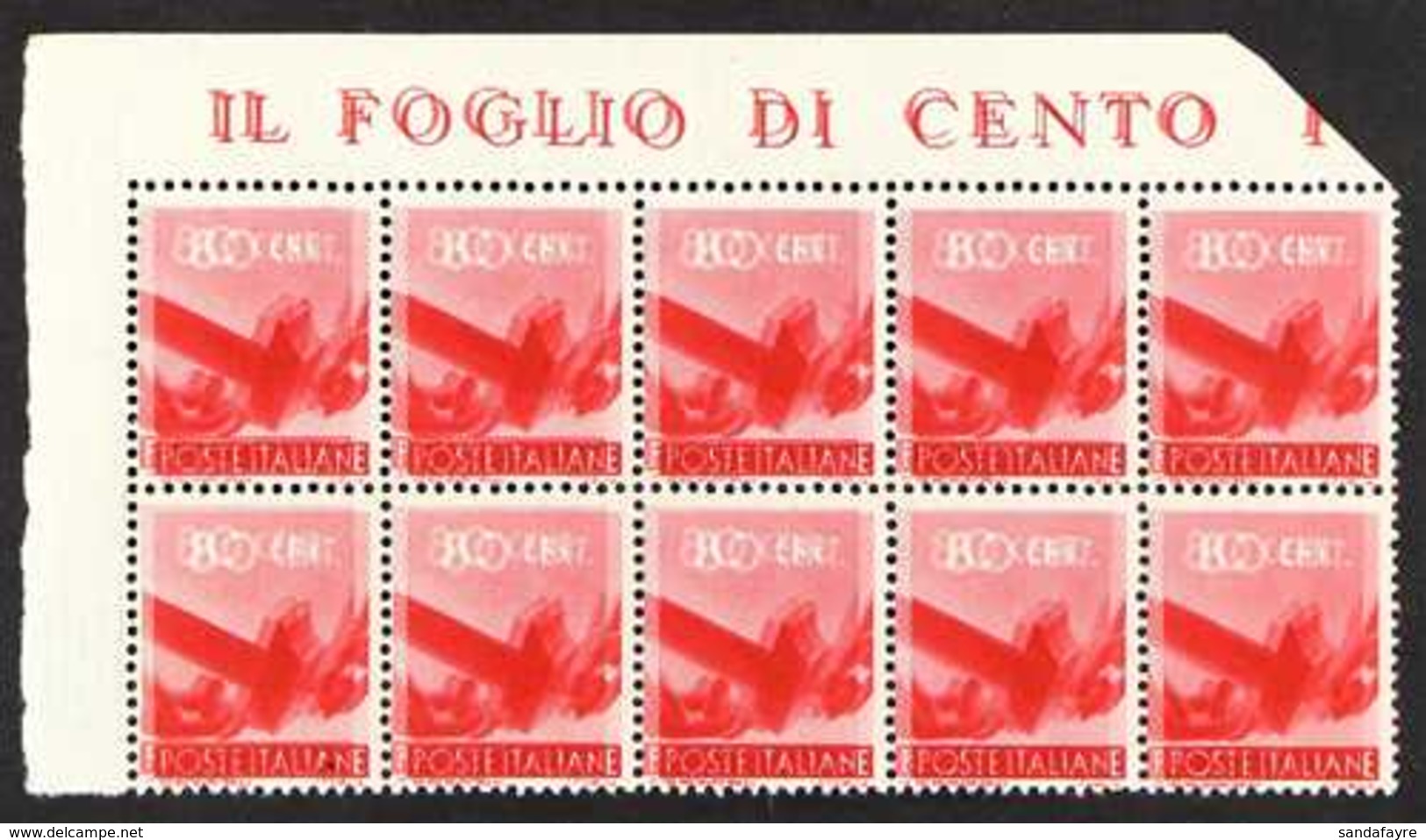 1945 - 9 "DEMOCRACY" ISSUE  80 Cent Rose Carmine, "Hammer Breaking Chain", Variety "Printed Double", Sass Spec. 7ab, Sup - Zonder Classificatie