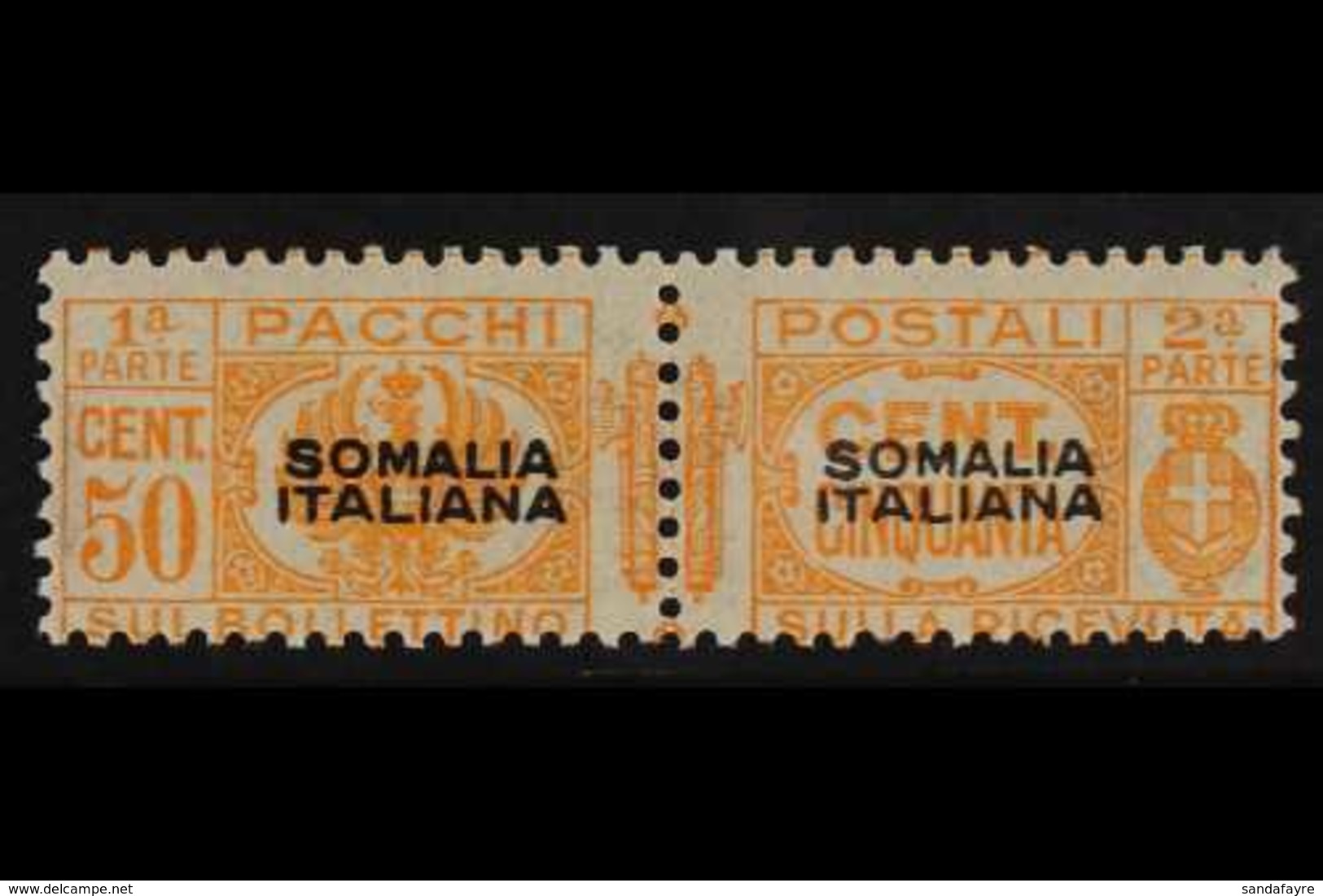 SOMALIA  PARCEL POST FORGERIES. 1928-41 50c Orange With Forged Overprint (as Sassone 58, SG P115), Never Hinged Mint Hor - Autres & Non Classés