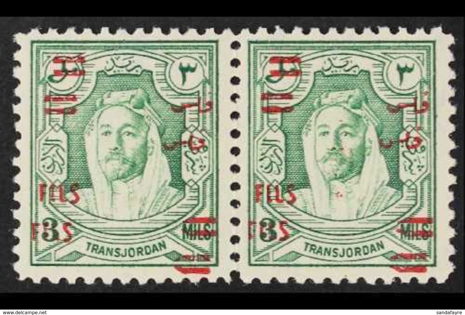 1952  3f On 3m Green OVERPRINT DOUBLE Variety, SG 315a, Never Hinged Mint Horizontal PAIR, Very Fresh. (2 Stamps) For Mo - Jordan