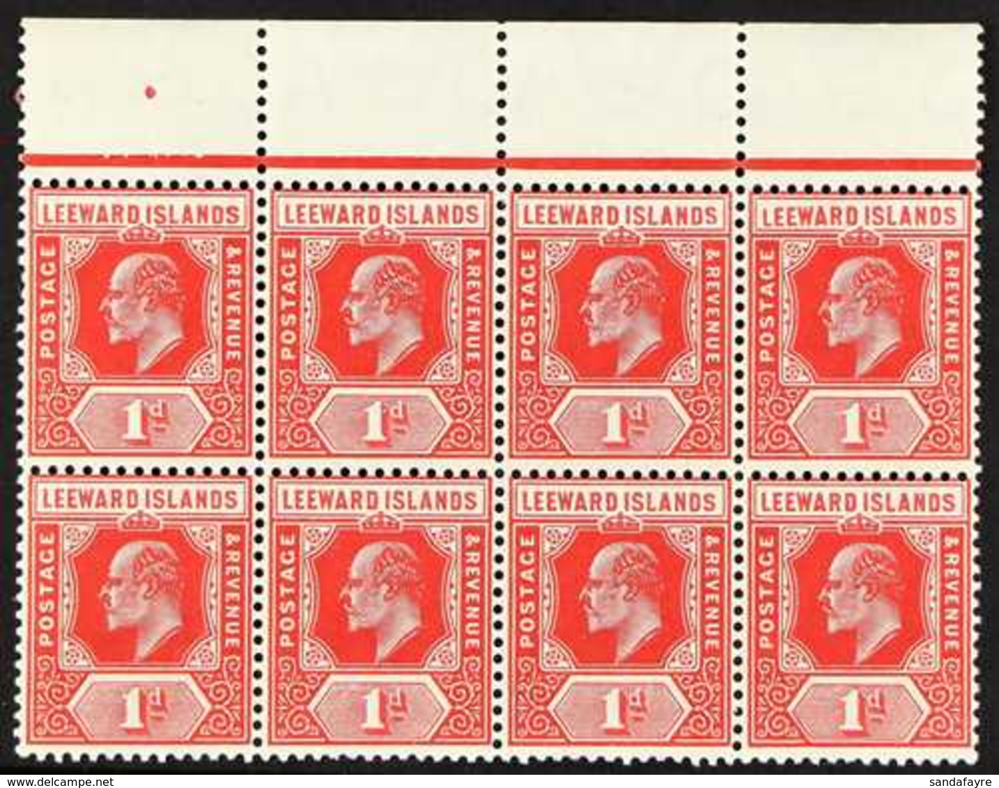 1907-11  1d Rose-carmine, SG 38b, Upper Marginal Horizontal Block Of Eight, Superb Never Hinged Mint, A Scarce Multiple  - Leeward  Islands