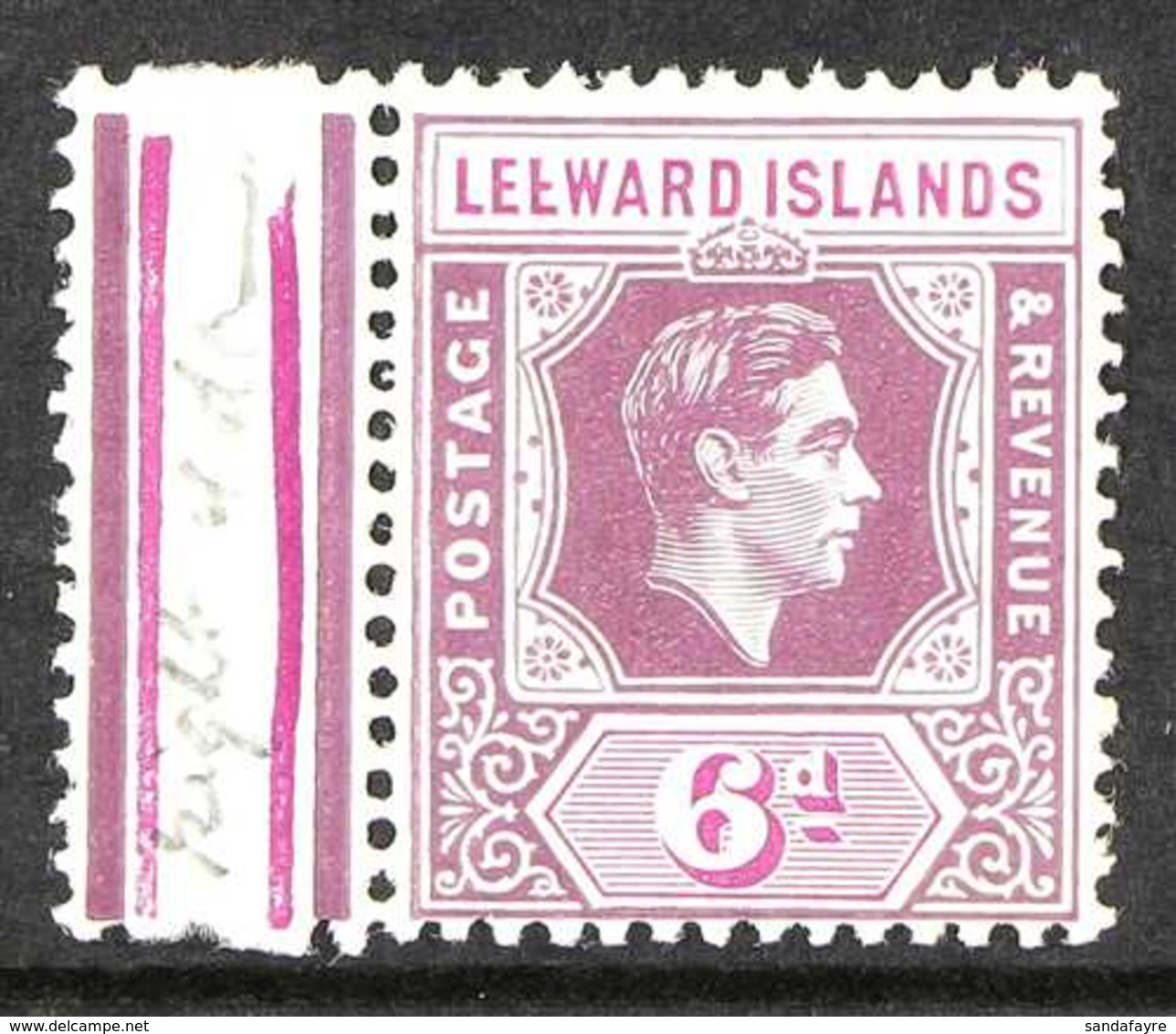 1938-51  6d Purple And Bright Magenta, Broken "E", SG 109ba, With Left Gutter Margin, Very Fine Mint. For More Images, P - Leeward  Islands