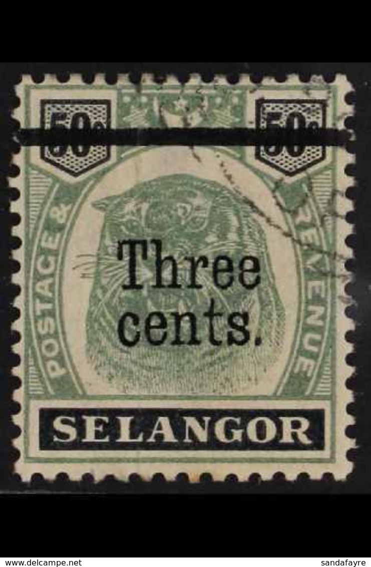 SELANGOR  1900 3c On 50c Green And Black, Variety "Antique T In Cents", SG 67a, Very Fine Used. For More Images, Please  - Andere & Zonder Classificatie