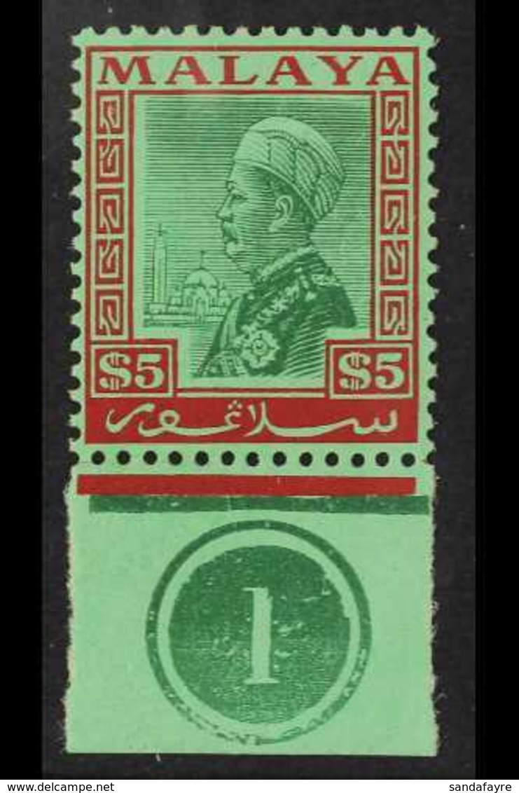 SELANGOR  1935 - 41 $5 Green And Red On Emerald, Sultan, SG 85, Very Fine Marginal Pl # 1. For More Images, Please Visit - Autres & Non Classés