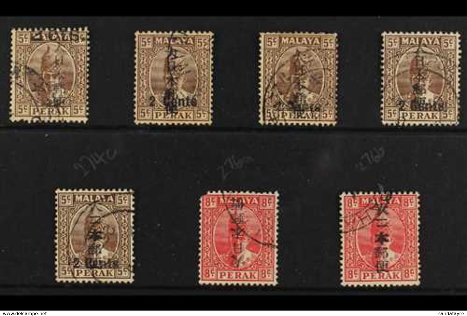 GENERAL ISSUES  1942-44. ON PERAK Used Selection Of 2c On 5c Browns & 8c Scarlet (between SG J273-276) With Listed Varie - Andere & Zonder Classificatie