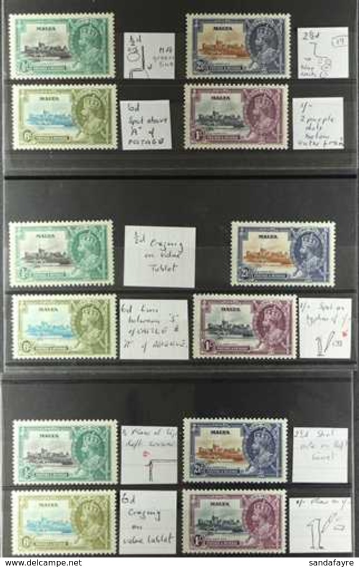 1935  Silver Jubilee, SG 210/213, Three Complete Sets Showing A Range Of Identified Unlisted MINOR VARIETIES, Fine Mint. - Malte (...-1964)