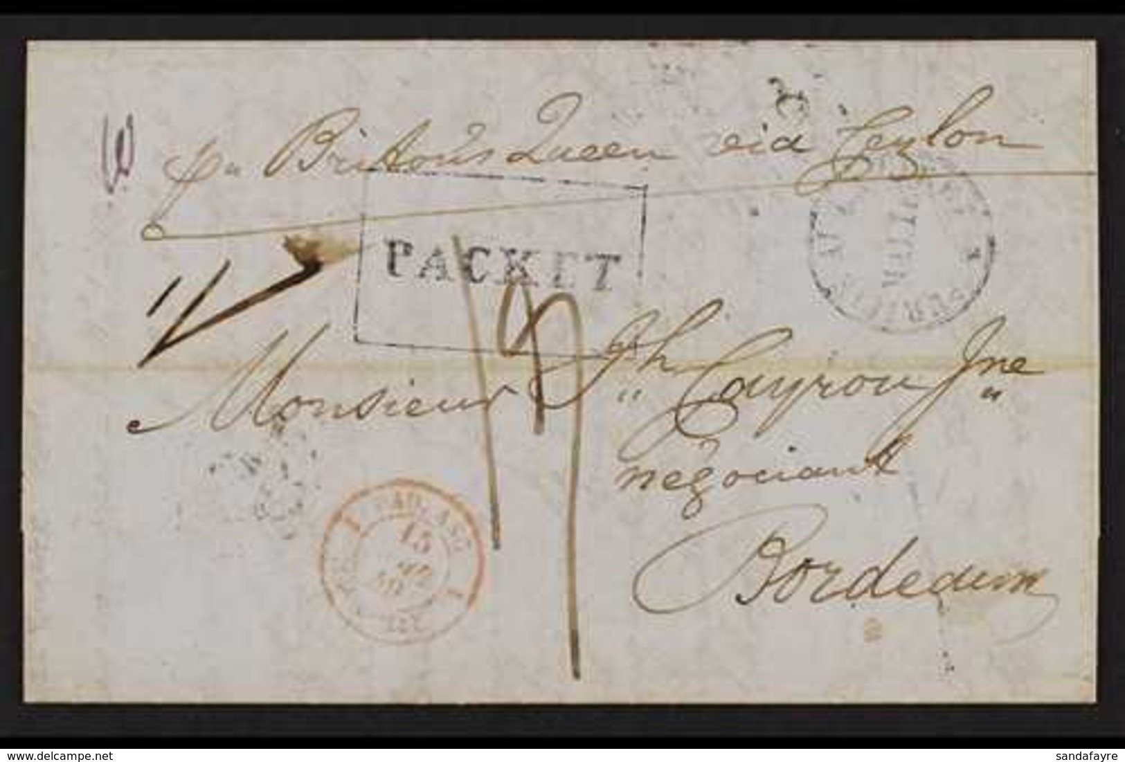 1849  (January) Entire Letter In French, Addressed To Bordeaux, Endorsed "Pr. Britons Queen Via Ceylon", And Showing Dou - Mauritius (...-1967)