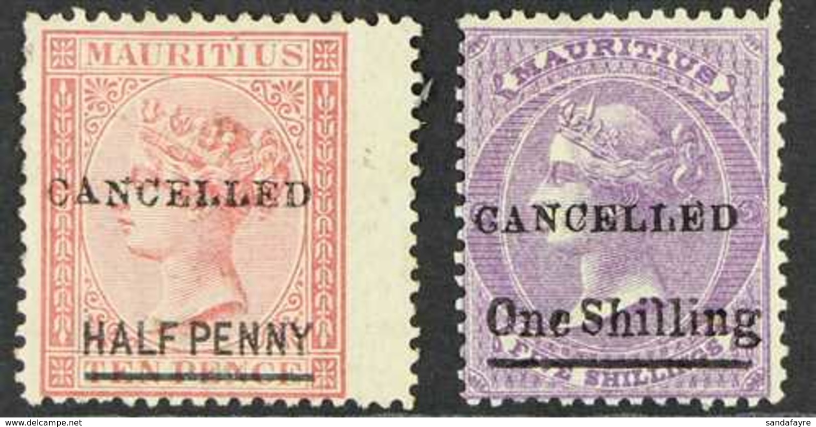 1877  ½d On 10d And 1s On 5s Bright Mauve Both Ovptd "Cancelled" (see Note After SG 82) Fresh Mint. (2 Stamps) For More  - Maurice (...-1967)