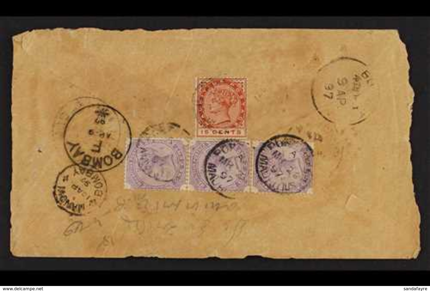 1895-97 COVERS TO INDIA  An Attractive Group Of Four Multi Stamped Envelopes, With Named Ships S.S. Brindisi, Hosseni, R - Mauritius (...-1967)