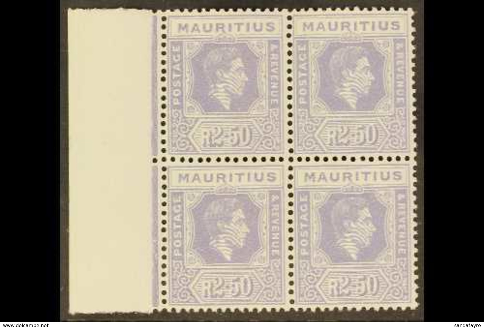 1938-49  2r50 Pale Violet (Ordinary Paper), SG 261a, NHM Marginal Block Of 4. Superb (4 Stamps) For More Images, Please  - Maurice (...-1967)