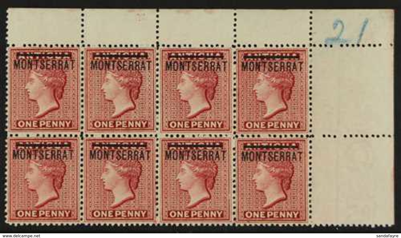 1884-85  1d Red, SG 8, Upper Right Corner Horizontal Block Of Eight, Superb Never Hinged Mint, A Very Scarce Classic Mul - Montserrat