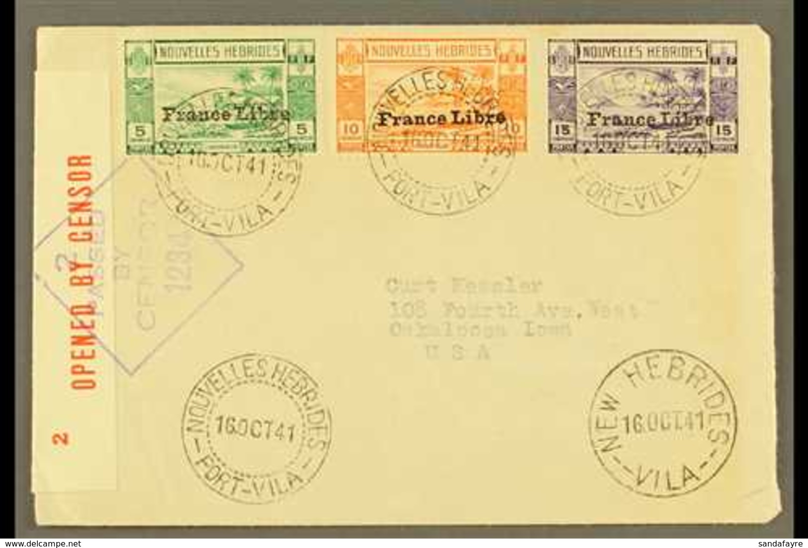 FRENCH  1941 (16 June) Censored Cover (home-made Re-used Envelope) To USA Bearing 1941 5c, 10c & 15c "France Libre" Over - Andere & Zonder Classificatie