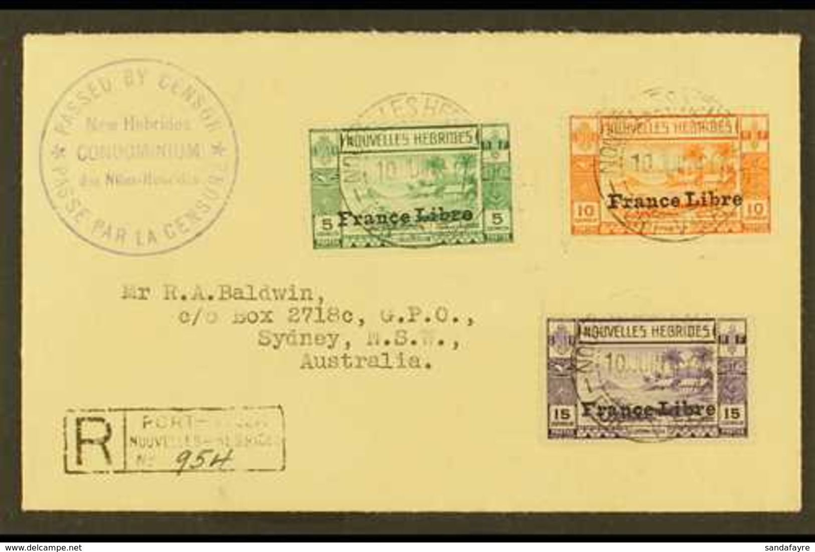 FRENCH  1941 (10 June) Registered Censored Cover To Australia Bearing 1941 5c, 10c & 15c "France Libre" Overprints (SG F - Andere & Zonder Classificatie