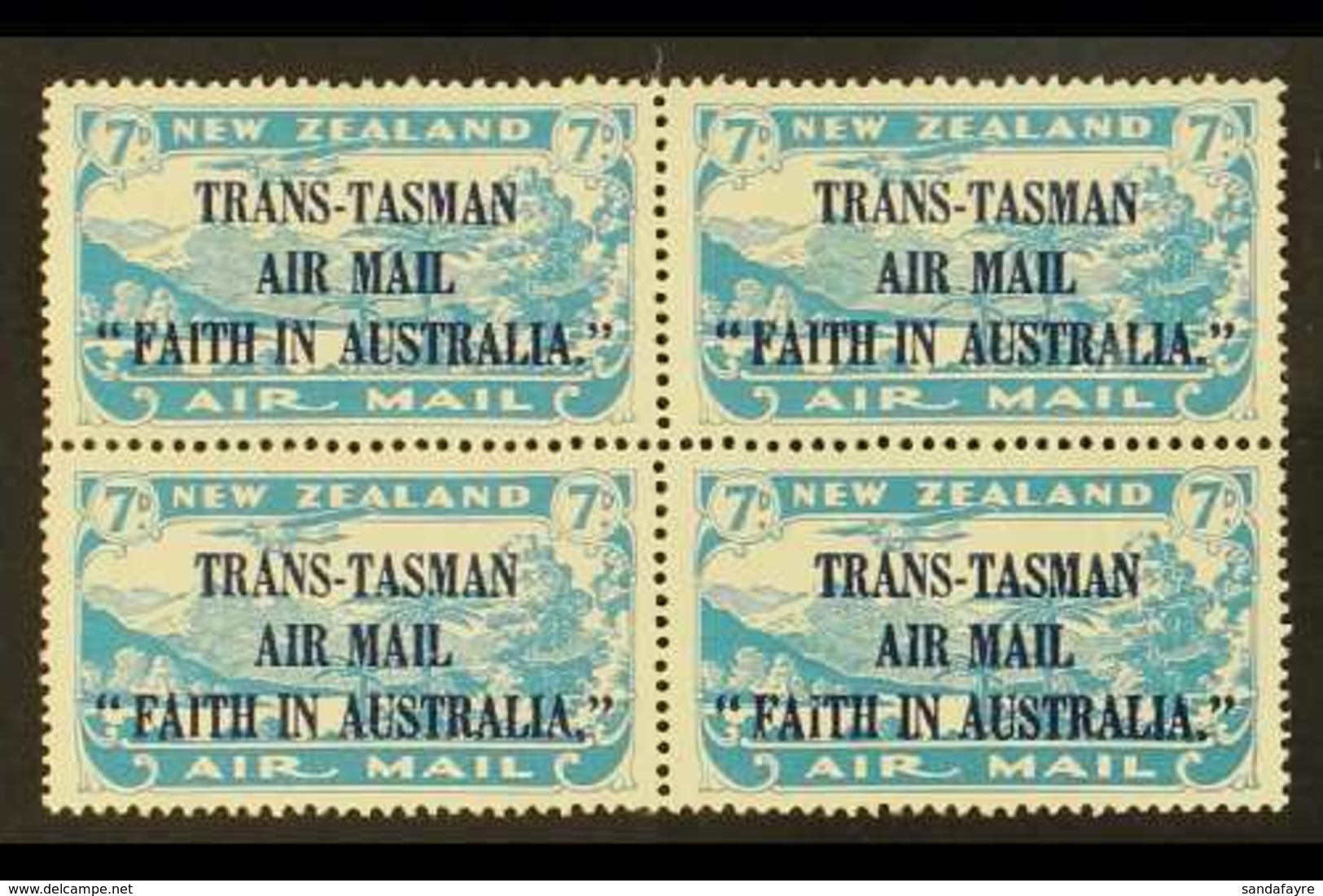 1934  7d Light Blue, "Trans-Tasman Air Mail" Ovpt In A BLOCK OF FOUR, SG 554, Mint, Hinged On Top Pair, Lower Pair Never - Other & Unclassified