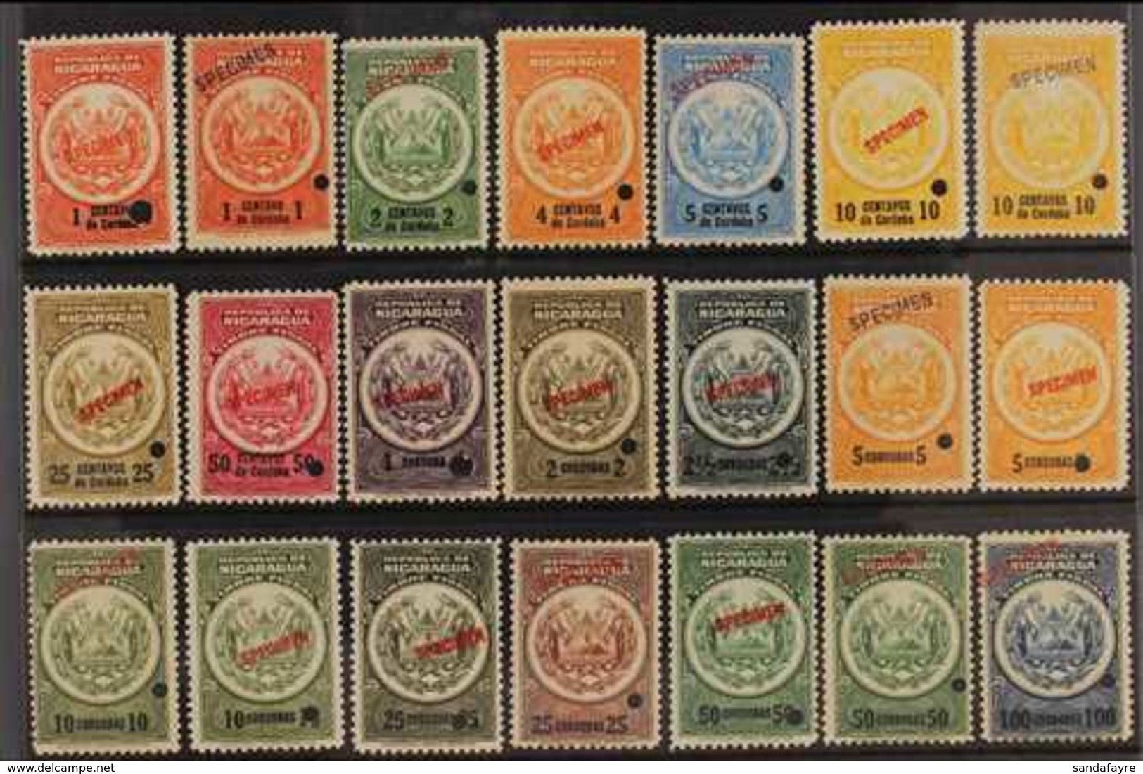 REVENUES  TIMBRE FISCAL 1920 All Different Group With Values To 100cor, All With "SPECIMEN" Overprints & Small Security  - Nicaragua
