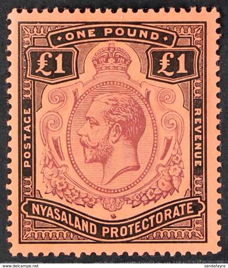 1913 - 21  £1 Purple And Black On Red, Wmk MCA, Geo V, SG 98, Very Fine, Well Centered Mint. For More Images, Please Vis - Nyassaland (1907-1953)