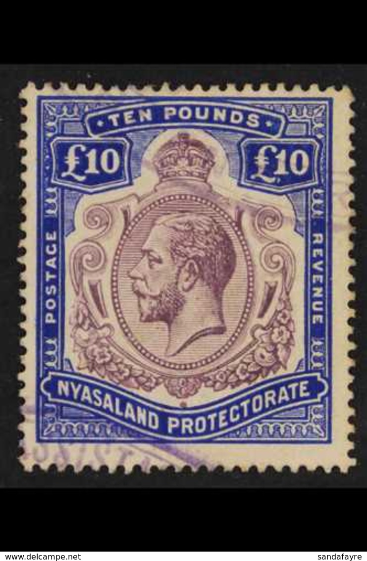 1913-21  KGV £10 Purple And Royal Blue, SG 99e, Fine Fiscally Used. For More Images, Please Visit Http://www.sandafayre. - Nyassaland (1907-1953)