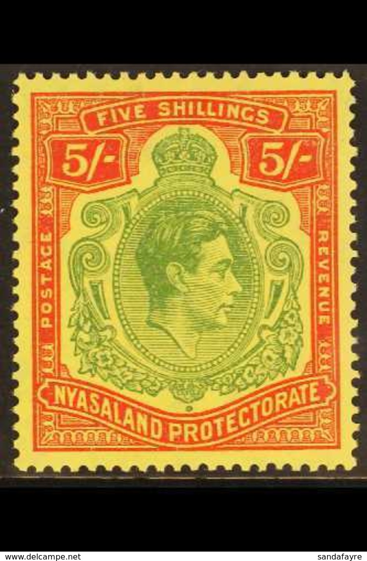 1944  5s Green & Red Pale Yellow (Ordinary Paper), SG 141a, Never Hinged Mint For More Images, Please Visit Http://www.s - Nyassaland (1907-1953)