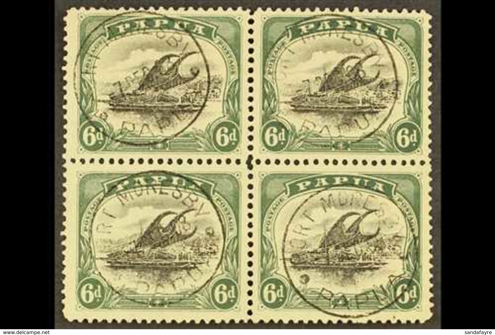 1907-98  Small Papua, Watermark Upright Perf 11 6d Black And Myrtle Green, SG 53, Superb Cds Used Block Of Four, Port Mo - Papoea-Nieuw-Guinea