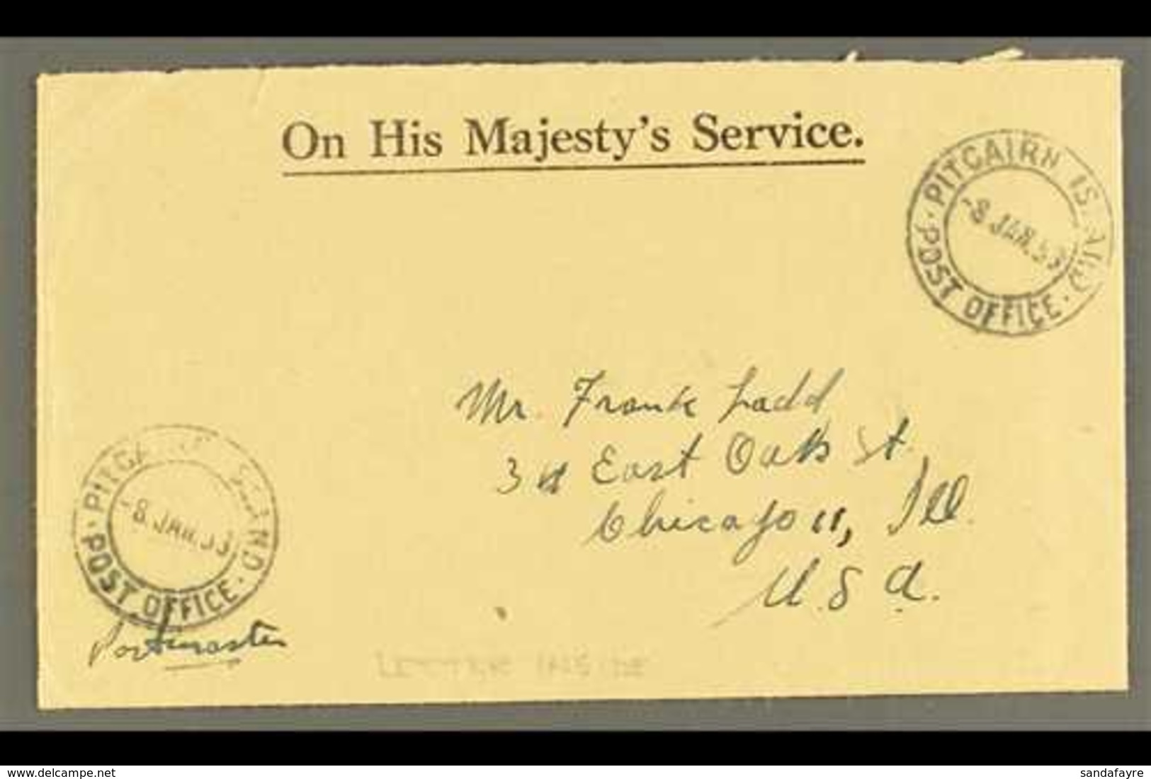 1953  (8 Jan) Stampless Printed 'OHMS' Envelope To Chicago With Two Fine Strikes Of "Pitcairn Island Post Office" Cds, E - Pitcairn