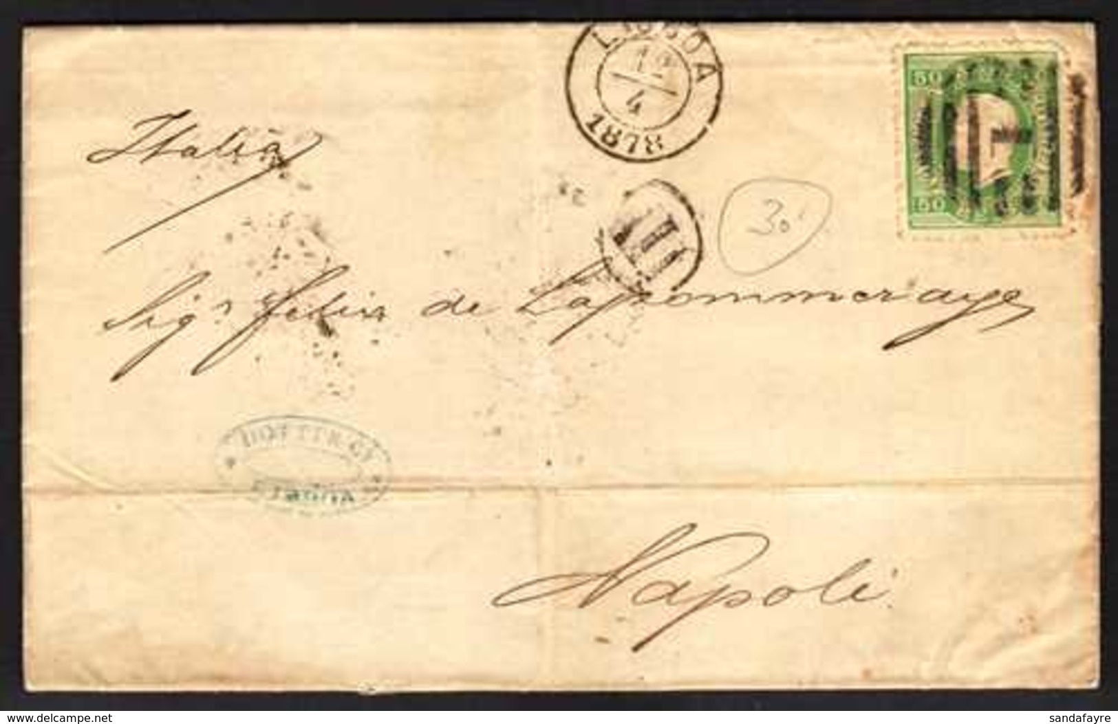 1878  (12th April) Entire To Italy, Franked 1870 50r Green "straight Label," Perf 12½, SG 84, Lisbon Postmark, Transit & - Andere & Zonder Classificatie