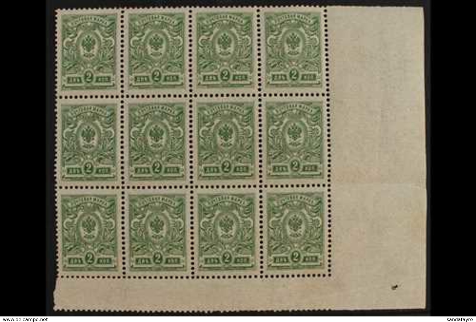 1908-18  2k Green WITHOUT VARNISH LINES Variety, Michel 64 A F, Never Hinged Mint Corner BLOCK Of 12, Fresh & Scarce. (1 - Andere & Zonder Classificatie